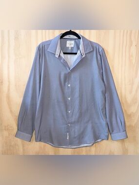 C-Lab NYC Men’s 4 Way Stretch Slim Fit Button Up Shirt Size Large Blue EUC